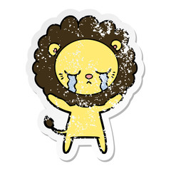 distressed sticker of a crying cartoon lion