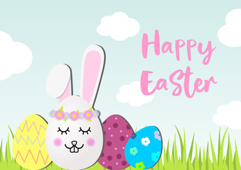 Egg rabbit head and Easter eggs on a green grass. Vector happy Easter card