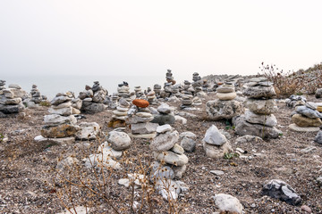 Stacks of stones on a beach