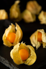 Physalis flowers, fruits isolated on a black background. Orange berry fruits, decorations for cakes.