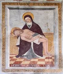 Pietà (Vesperbild); affresco sulla facciata della Cappella di San Rocco a Tesero (Trento)