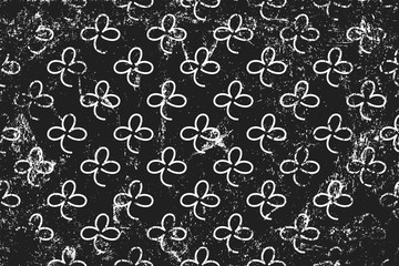 Grunge pattern with line signs of shamrocks. Horizontal black and white backdrop.