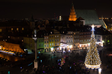 Fototapeta premium Christmas in Warsaw, Poland as Seen from Taras Widokowy Tower at Night