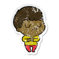 distressed sticker of a cartoon grumpy boy