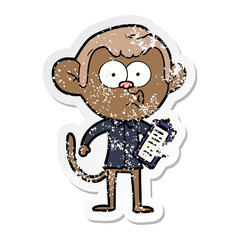 distressed sticker of a cartoon salesman monkey