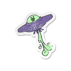 retro distressed sticker of a cartoon alien spaceship