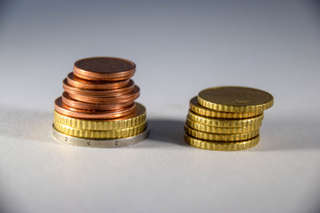 Geld, Münzen, Stapel, Euro, Kupfer, Gold, Währung, Hintergrund, Muster, schatten