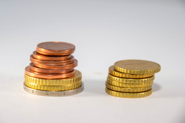 Geld, Münzen, Stapel, Euro, Kupfer, Gold, Währung, Hintergrund, Muster, Münzgeld, Glänzend