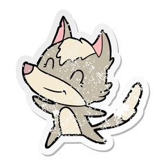 distressed sticker of a friendly cartoon wolf