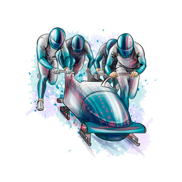 Bobsleigh for four athletes from splash of watercolors. Sports equipment for the bobsleigh race. Winter sport