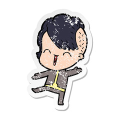 distressed sticker of a cartoon happy hipster girl wearing space suit