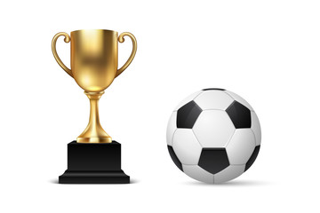 Realistic Vector 3d Blank Golden Champion Cup Icon wirh Soccer Ball Set Closeup Isolated on White. Design Template of Championship Trophy. Sport Tournament Award, Gold Winner Cup and Victory Concept
