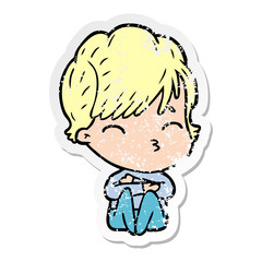 distressed sticker of a cartoon woman thinking