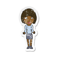 retro distressed sticker of a cartoon woman shrugging shoulders