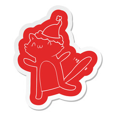 cartoon  sticker of a dancing cat wearing santa hat