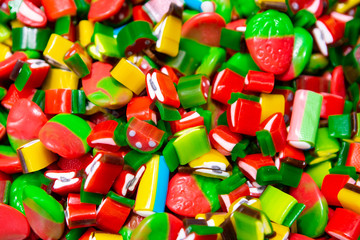 Assorted Colorful Yummy Candies Or Jelly Sweets. Top View, Selective Focus.