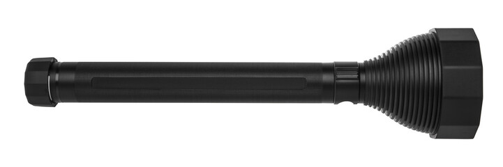 modern black metal flashlight isolated on white