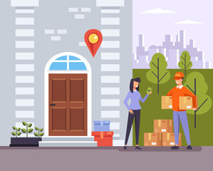 Happy smiling woman consumer character receiving package parcel box from courier man boy wearing uniform. Delivery to door home house apartment concept. Vector flat graphic design illustration banner