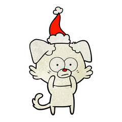 nervous dog textured cartoon of a wearing santa hat