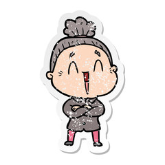 distressed sticker of a cartoon happy old lady