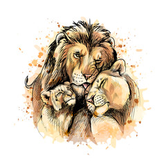 Family of lions from a splash of watercolor © kapona