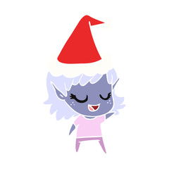 happy flat color illustration of a elf girl wearing santa hat