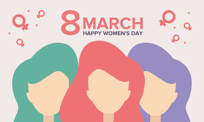 Happy Women’s Day. International holiday of female solidarity, which is celebrated on March 8. Silhouette of a girl in bright colors. Poster, banner and background