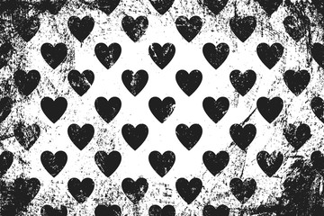 Fototapeta premium Grunge pattern with icons of hearts. Horizontal black and white backdrop.
