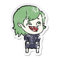 distressed sticker of a cartoon laughing vampire girl