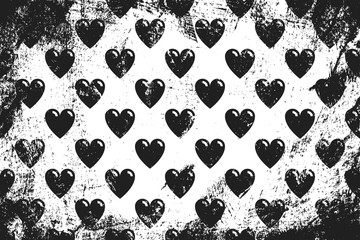 Grunge pattern with icons of bubble hearts. Horizontal black and white backdrop.