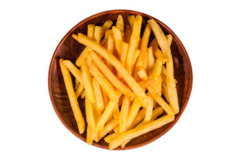 Ceramic plate with french fries isolated on a white background
