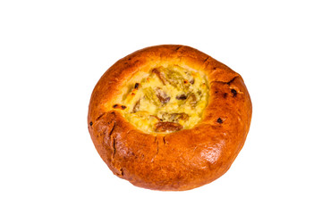 Sweet bun with cottage cheese and raisins isolated on a white background