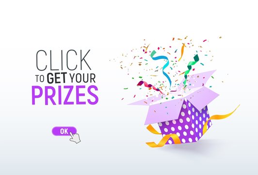 Click to get your prizes open textured purple box with confetti explosion inside. Flying particles from giftbox vector illustration on light background. Winning illustration template