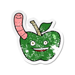 retro distressed sticker of a cartoon apple with worm
