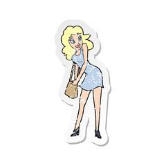 retro distressed sticker of a cartoon woman looking in handbag