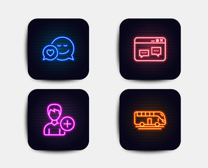 Neon glow lights. Set of Dating, Browser window and Add person icons. Bus tour sign. Love messenger, Website chat, Edit user data. Transport.  Neon icons. Glowing light banners. Vector
