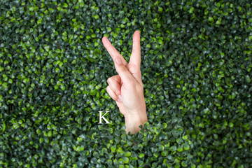 Fototapeta na wymiar Sign Language Letter K made with hand against green plant background