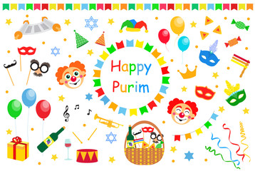 Happy Purim Jewish Holiday greeting card. traditional Purim carnival symbols design elements, icons isolated on white background. Vector illustration.