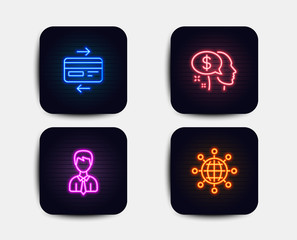 Neon glow lights. Set of Credit card, Pay and Businessman icons. International globe sign. Bank payment, Beggar, User data. World networking.  Neon icons. Glowing light banners. Vector