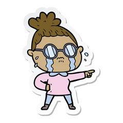 sticker of a cartoon crying woman wearing spectacles