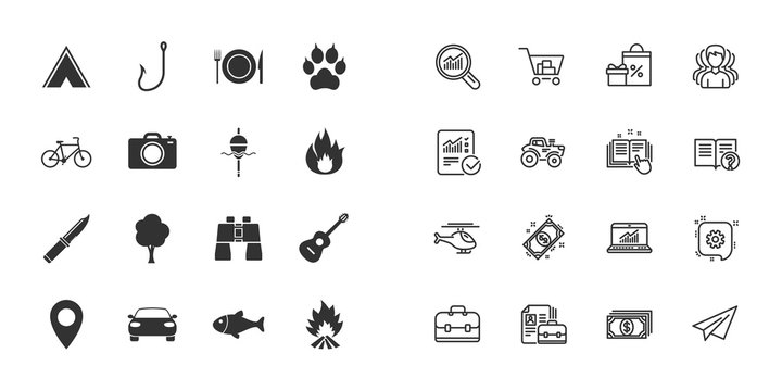 Set of Travel, Hiking and Camping icons. Fishing, Biking and Guitar music signs. Tourist tent, Food and Binoculars symbols. Photo and Rent a car. Paper plane, report and shopping cart icons. Vector