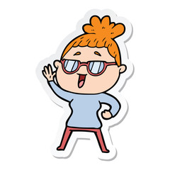 sticker of a cartoon happy woman wearing spectacles