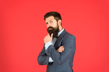 Dressing is way of life. Male formal fashion look. Business owner. Business success. Formal business. Bearded man in formal business suit. Bearded man hipster in formal jacket. Confident businessman