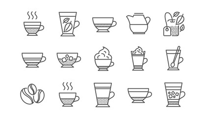 Coffee types and Tea icons. Mocha, Cappuccino and Latte. Americano cup linear icon set.  Vector