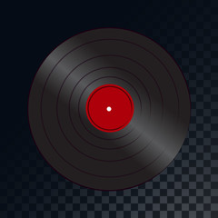 An old retro vintage musical round vinyl record from the 70s, 80s, 90s on a translucent dark checkered gray square background. Vector illustration