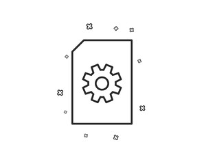 Document Management line icon. Information File with Cogwheel sign. Paper page concept symbol. Geometric shapes. Random cross elements. Linear File Management icon design. Vector