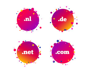 Top-level internet domain icons. De, Com, Net and Nl symbols. Unique national DNS names. Gradient circle buttons with icons. Random dots design. Vector