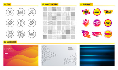 Seamless pattern. Shopping mall banners. Set of Question mark, Throw hats and Strategy icons. Column chart, Payment and Algorithm signs. Update data, E-mail and Chart symbols. Vector