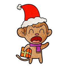 shouting textured cartoon of a monkey carrying christmas gift wearing santa hat