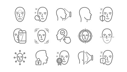 Face recognize line icons. Biometrics detection, Face id and scanning. Identification linear icon set. Vector